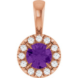 14K Gold Emerald Natural Amethyst Halo-Style Necklace or Pendant - Rose Gold