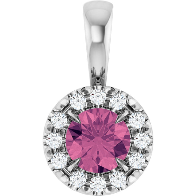 14K Gold Emerald Natural Pink Tourmaline Halo-Style Necklace or Pendant - White Gold