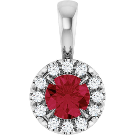 14K Gold Emerald Lab-Grown Ruby Halo-Style Necklace or Pendant - White Gold