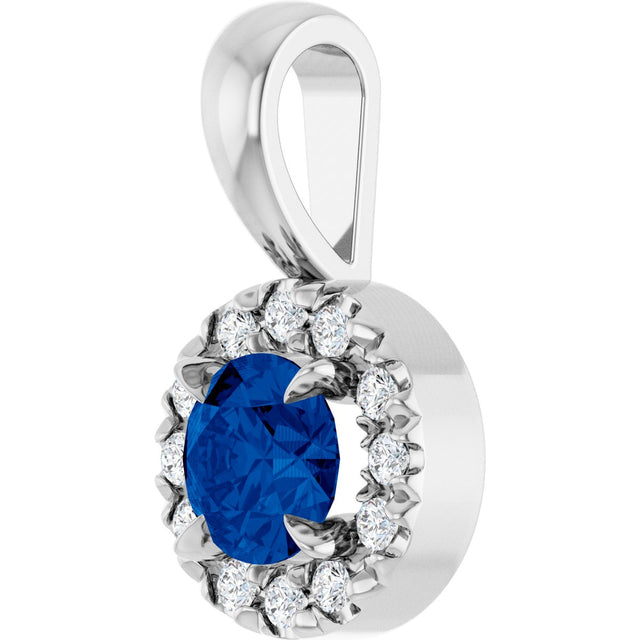 Platinum Emerald Lab-Grown Blue Sapphire Halo-Style Necklace or Pendant - view 2