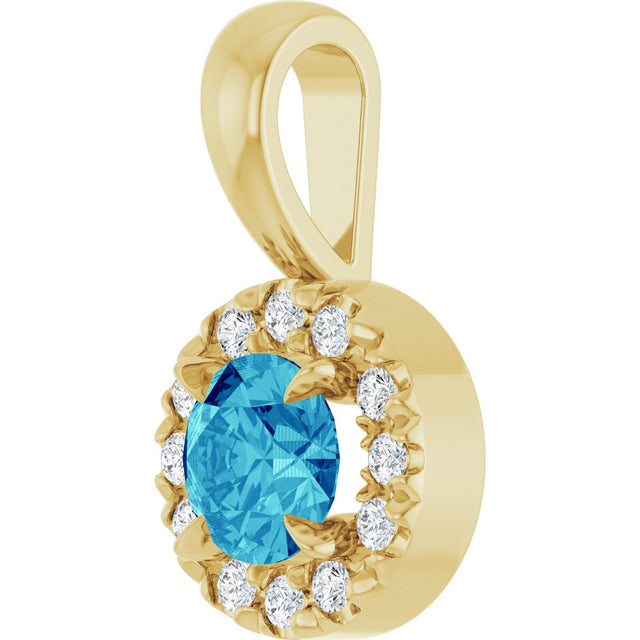 14K Gold Emerald Natural Blue Zircon Halo-Style Necklace or Pendant - Yellow Gold - view 2