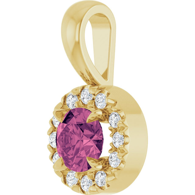 14K Gold Emerald Natural Pink Tourmaline Halo-Style Necklace or Pendant - Yellow Gold - view 2