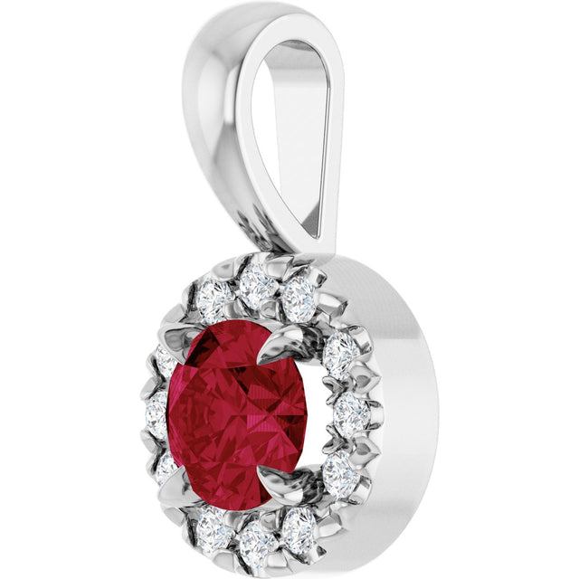 14K Gold Emerald Lab-Grown Ruby Halo-Style Necklace or Pendant - White Gold - view 2