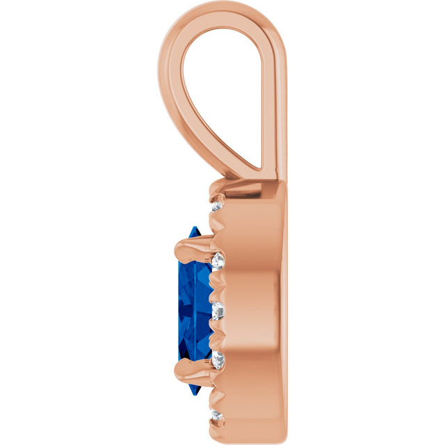 14K Gold Emerald Lab-Grown Blue Sapphire Halo-Style Necklace or Pendant - Rose Gold - view 3
