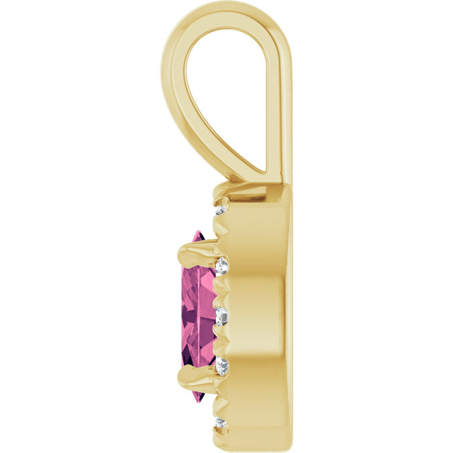 14K Gold Emerald Natural Pink Tourmaline Halo-Style Necklace or Pendant - Yellow Gold - view 3