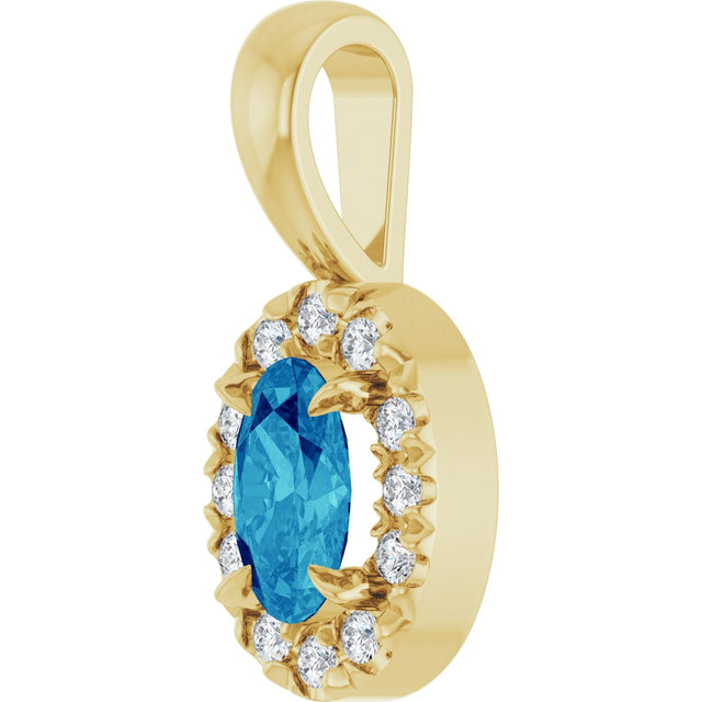 14K Gold Emerald Natural Blue Zircon Halo-Style Necklace or Pendant - Yellow Gold - view 2