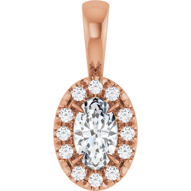 14K Gold Emerald Natural White Sapphire Halo-Style Necklace or Pendant - Rose Gold