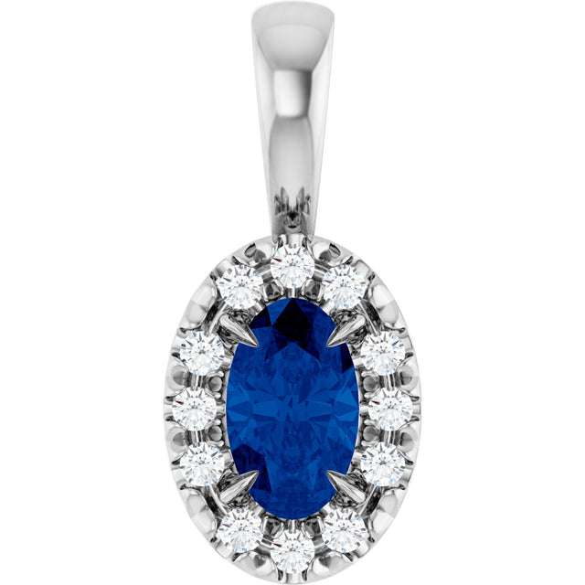 14K Gold Emerald Natural Blue Sapphire Halo-Style Necklace or Pendant - White Gold