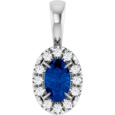 Platinum Emerald Lab-Grown Blue Sapphire Halo-Style Necklace or Pendant