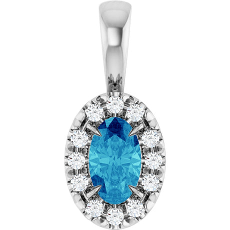 14K Gold Emerald Natural Blue Zircon Halo-Style Necklace or Pendant - White Gold