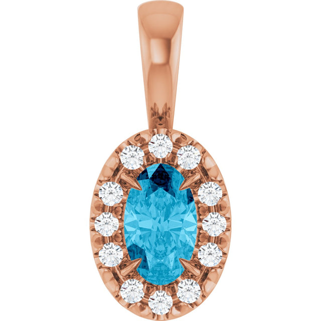 14K Gold Emerald Natural Aquamarine Halo-Style Necklace or Pendant - Rose Gold