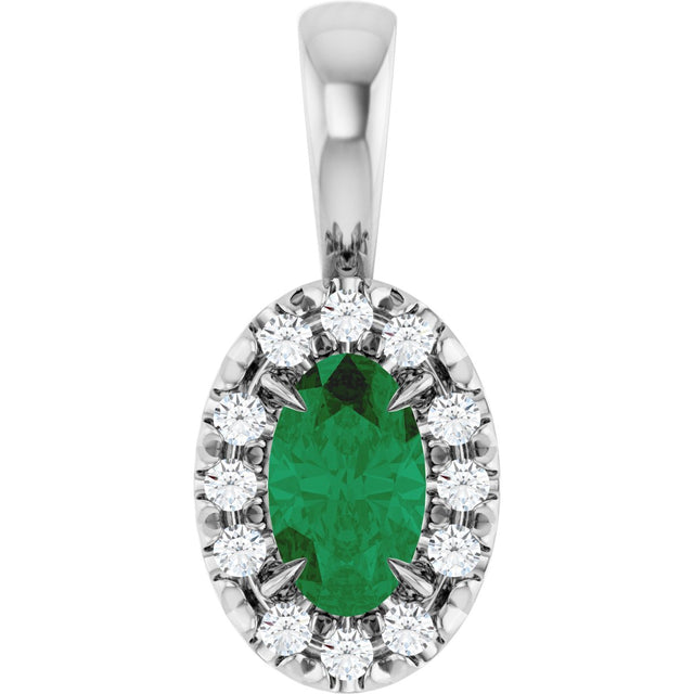 14K Gold Emerald Lab-Grown Emerald Halo-Style Necklace or Pendant - White Gold