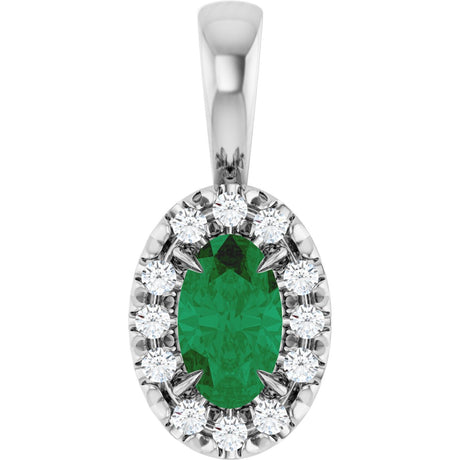 14K Gold Emerald Natural Emerald Halo-Style Necklace or Pendant - White Gold