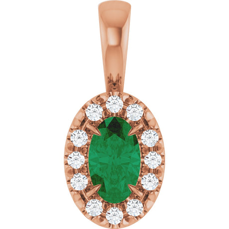 14K Gold Emerald Natural Emerald Halo-Style Necklace or Pendant - Rose Gold