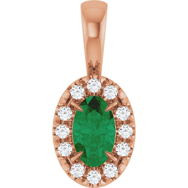 14K Gold Emerald Natural Emerald Halo-Style Necklace or Pendant - Rose Gold