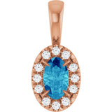 14K Gold Emerald Natural Blue Zircon Halo-Style Necklace or Pendant - Rose Gold