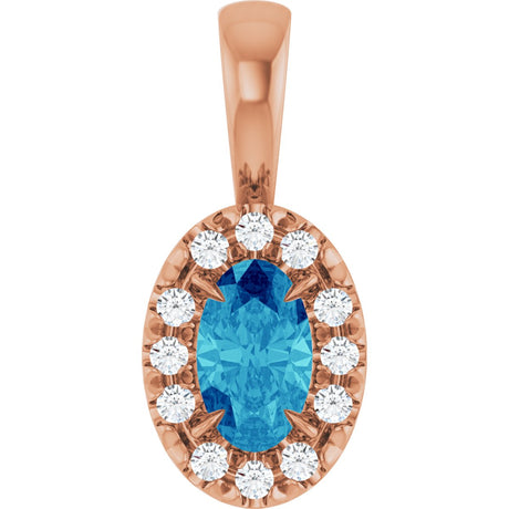 14K Gold Emerald Natural Blue Zircon Halo-Style Necklace or Pendant - Rose Gold