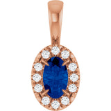 14K Gold Emerald Lab-Grown Blue Sapphire Halo-Style Necklace or Pendant - Rose Gold
