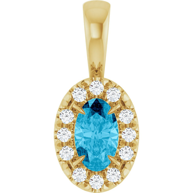 14K Gold Emerald Natural Aquamarine Halo-Style Necklace or Pendant - Yellow Gold