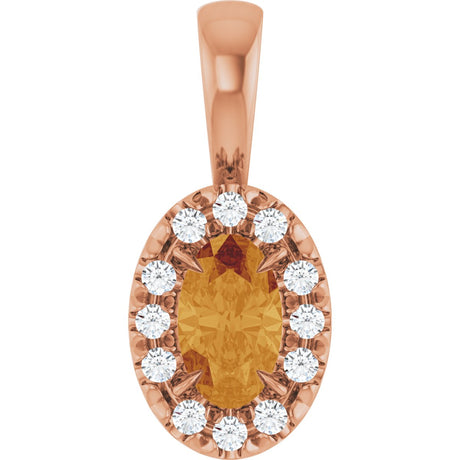 14K Gold Emerald Natural Citrine Halo-Style Necklace or Pendant - Rose Gold