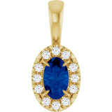 14K Gold Emerald Natural Blue Sapphire Halo-Style Necklace or Pendant - Yellow Gold