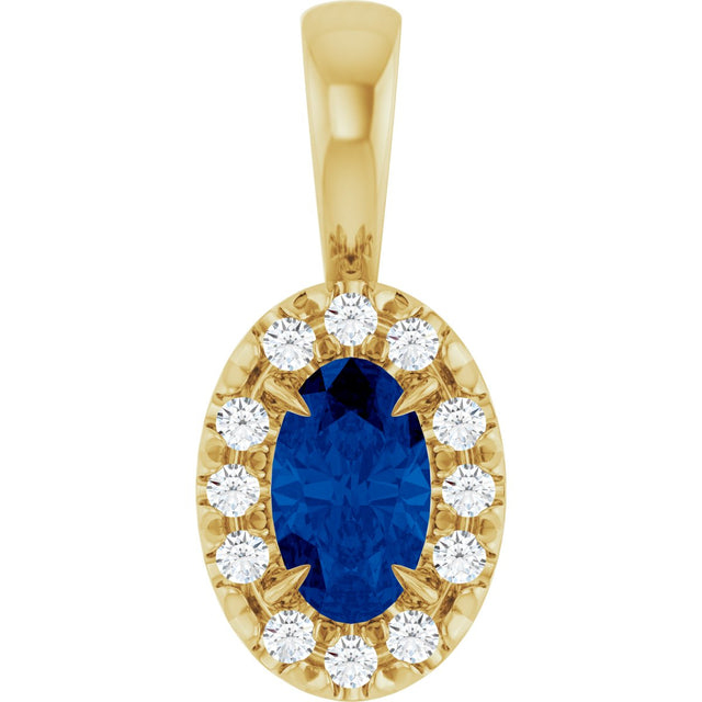 14K Gold Emerald Natural Blue Sapphire Halo-Style Necklace or Pendant - Yellow Gold