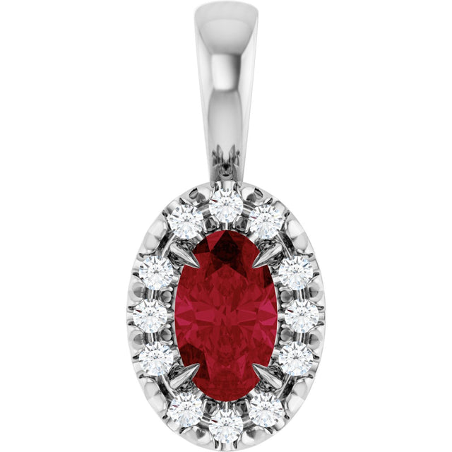 14K Gold Emerald Natural Ruby Halo-Style Necklace or Pendant - White Gold