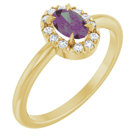 14K Gold Emerald Lab-Grown Alexandrite Halo-Style Ring - Yellow Gold
