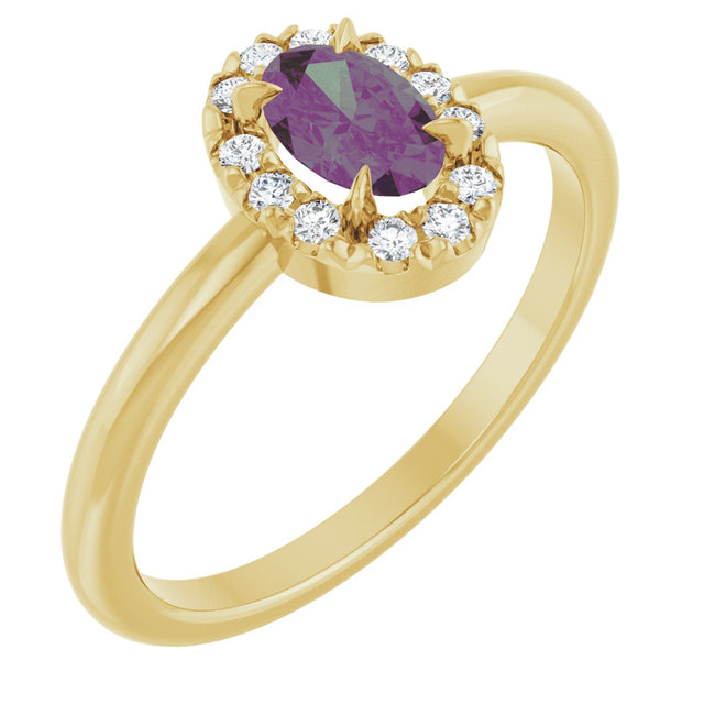 14K Gold Emerald Lab-Grown Alexandrite Halo-Style Ring - Yellow Gold
