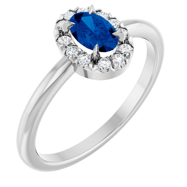 14K Gold Emerald Natural Blue Sapphire Halo-Style Ring - White Gold