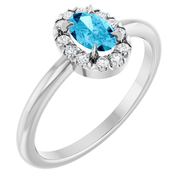 Platinum Emerald Natural Aquamarine Halo-Style Ring