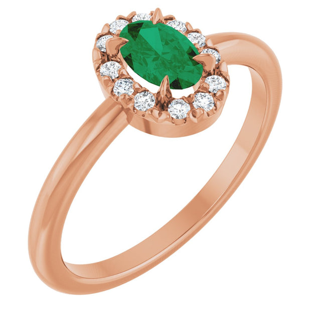 14K Gold Emerald Lab-Grown Emerald Halo-Style Ring - Rose Gold