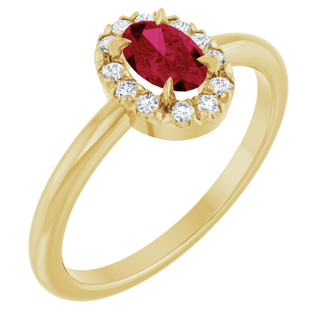 14K Gold Emerald Lab-Grown Ruby Halo-Style Ring - Yellow Gold