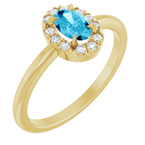14K Gold Emerald Natural Aquamarine Halo-Style Ring - Yellow Gold