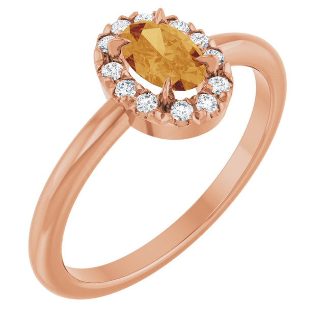 14K Gold Emerald Natural Citrine Halo-Style Ring - Rose Gold