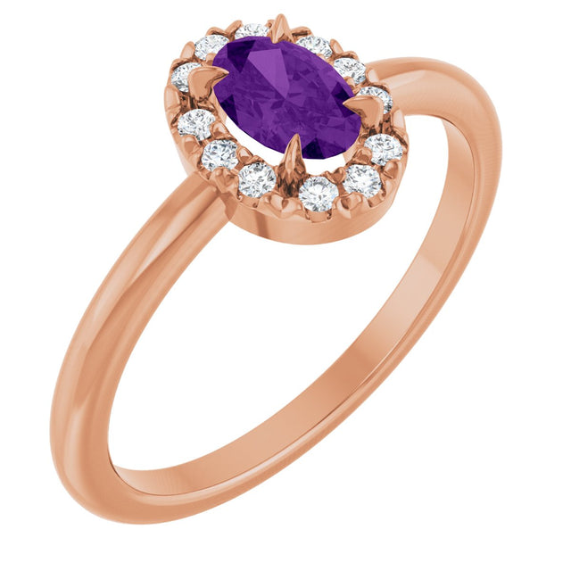 14K Gold Emerald Natural Amethyst Halo-Style Ring - Rose Gold
