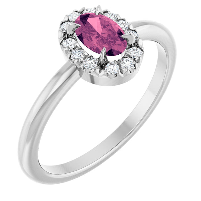 14K Gold Emerald Natural Pink Tourmaline Halo-Style Ring - White Gold