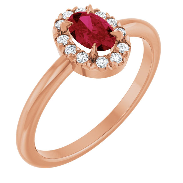 14K Gold Emerald Lab-Grown Ruby Halo-Style Ring - Rose Gold