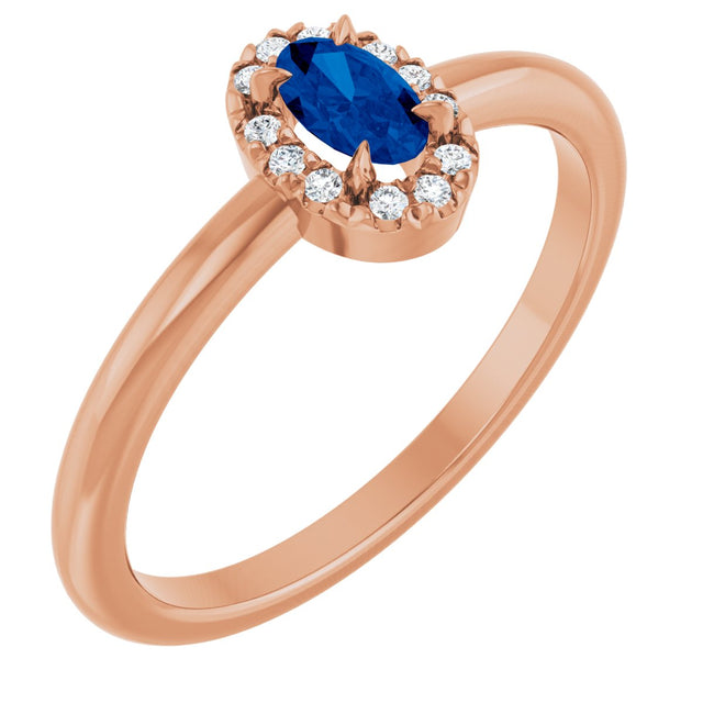 14K Gold Emerald Natural Blue Sapphire Halo-Style Ring - Rose Gold