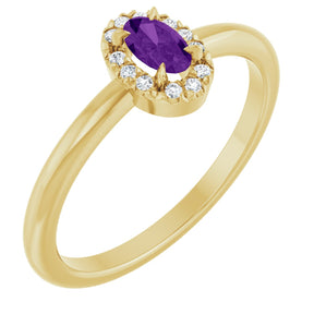 14K Gold Emerald Natural Amethyst Halo-Style Ring - Yellow Gold