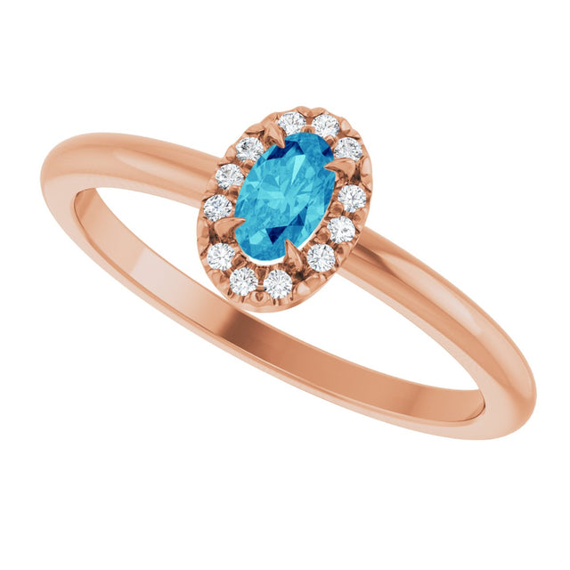 14K Gold Emerald Natural Blue Zircon Halo-Style Ring - Rose Gold - view 5