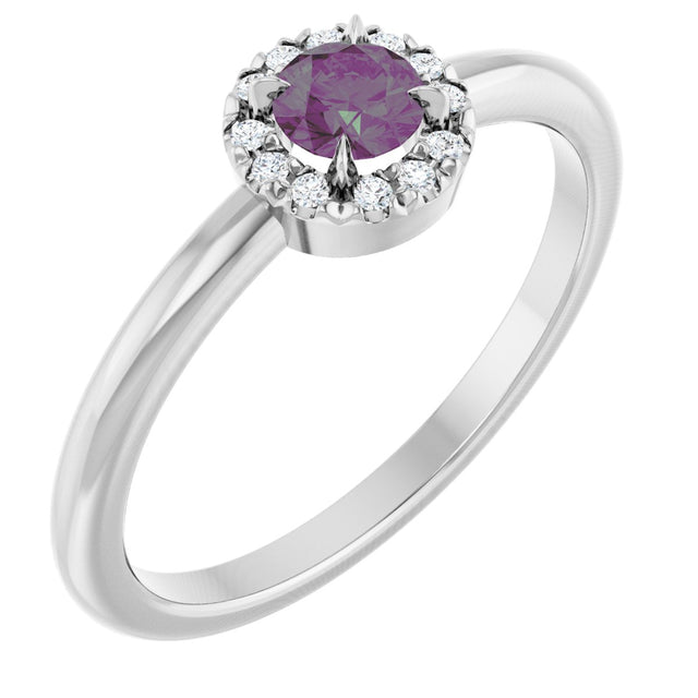 14K Gold Emerald Lab-Grown Alexandrite Halo-Style Ring - White Gold