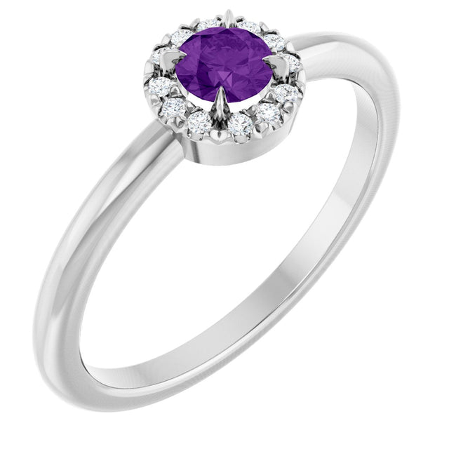 Platinum Emerald Natural Amethyst Halo-Style Ring