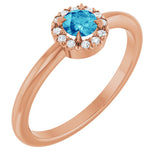 14K Gold Emerald Natural Blue Zircon Halo-Style Ring - Rose Gold