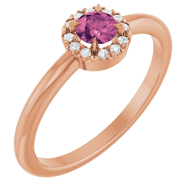 14K Gold Emerald Natural Pink Tourmaline Halo-Style Ring - Rose Gold