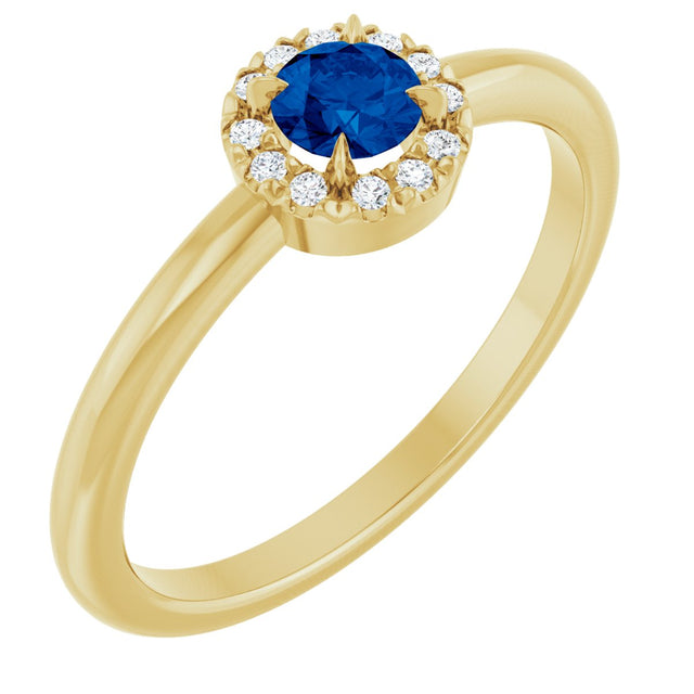14K Gold Emerald Natural Blue Sapphire Halo-Style Ring - Yellow Gold