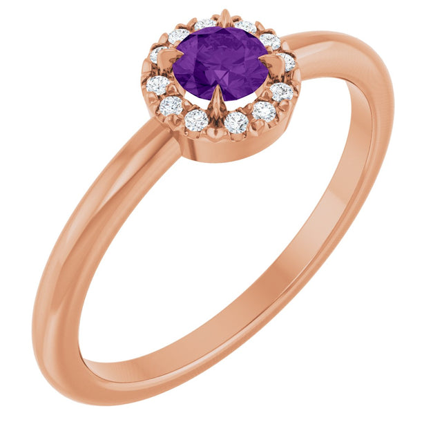 14K Gold Emerald Natural Amethyst Halo-Style Ring - Rose Gold