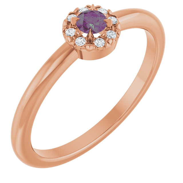 14K Gold Emerald Lab-Grown Alexandrite Halo-Style Ring - Rose Gold
