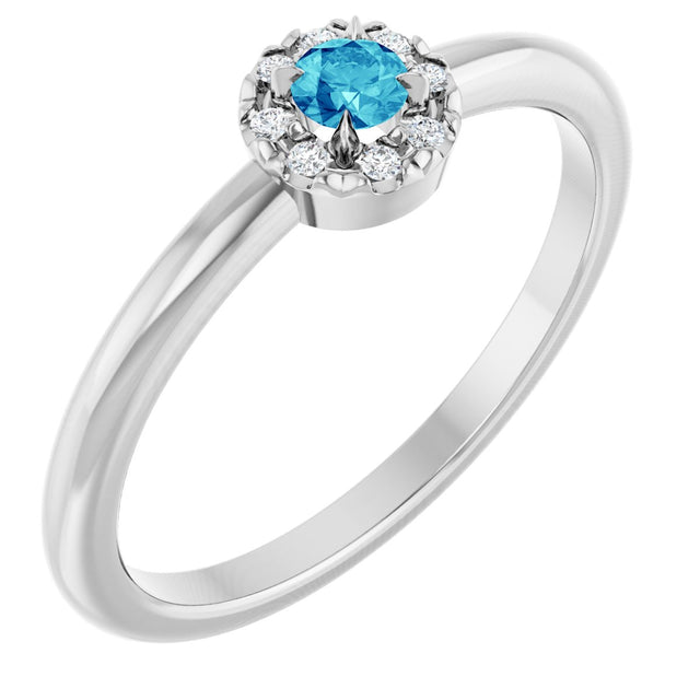 Platinum Emerald Natural Blue Zircon Halo-Style Ring