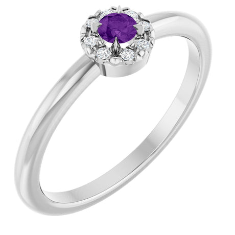 14K Gold Emerald Natural Amethyst Halo-Style Ring - White Gold